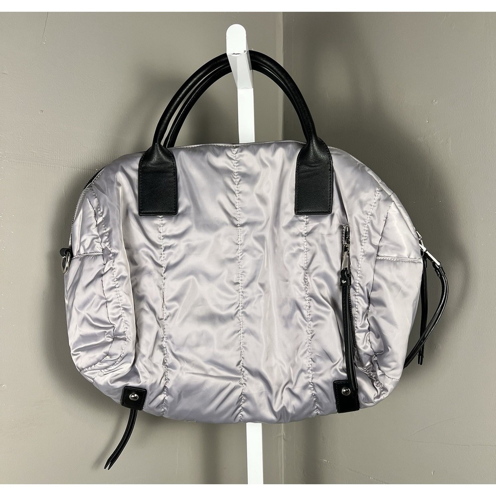 Sol & Selene Silver Puffer Satchel Bag Metallic Nylon Travel Tote Chic No Strap